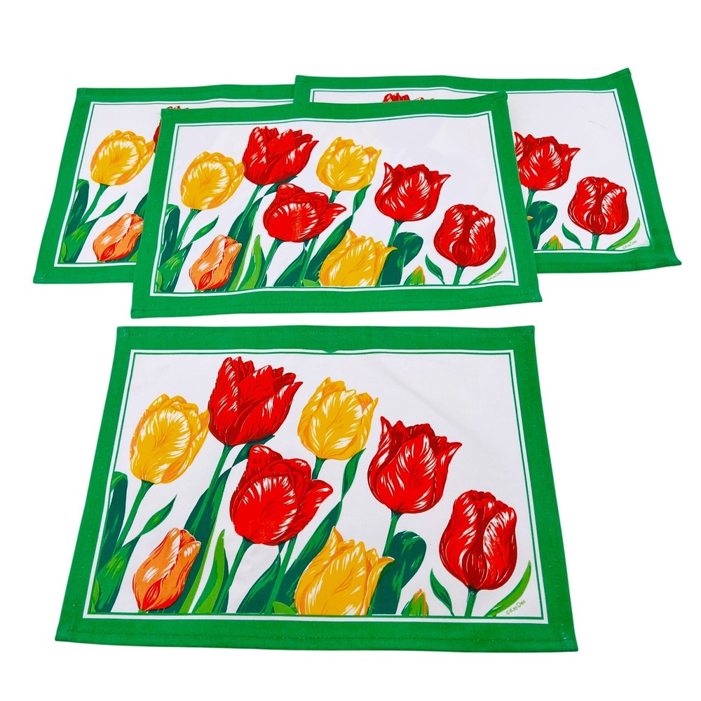 Vintage Kay Dee Tulip Floral Fabric Placemats Set of 4 Green Red‎ Yellow Retro